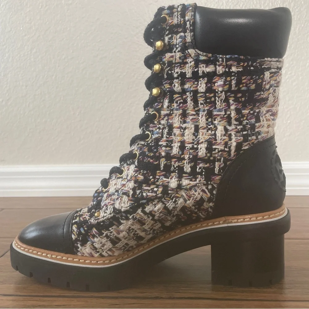 Tory Burch tweed combat boots fall boots winter boots lace up boots black bootie